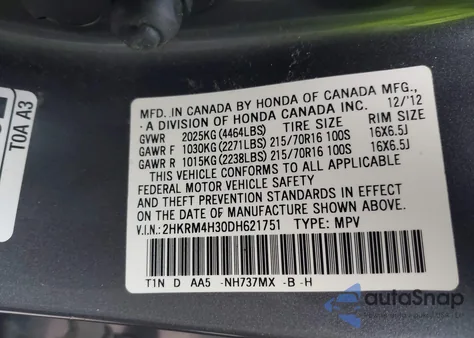 2013 Honda Cr-V Lx из США, поврежденный, VIN 2HKRM4H30DH621751